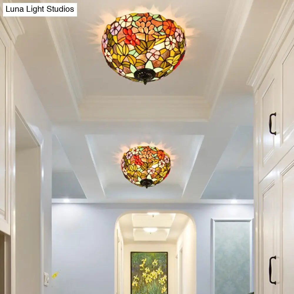 Flower Ceiling Lighting Tiffany Brass Flush Mount Light For Hallway - 2/3 Lights 12/16 Wide / 16