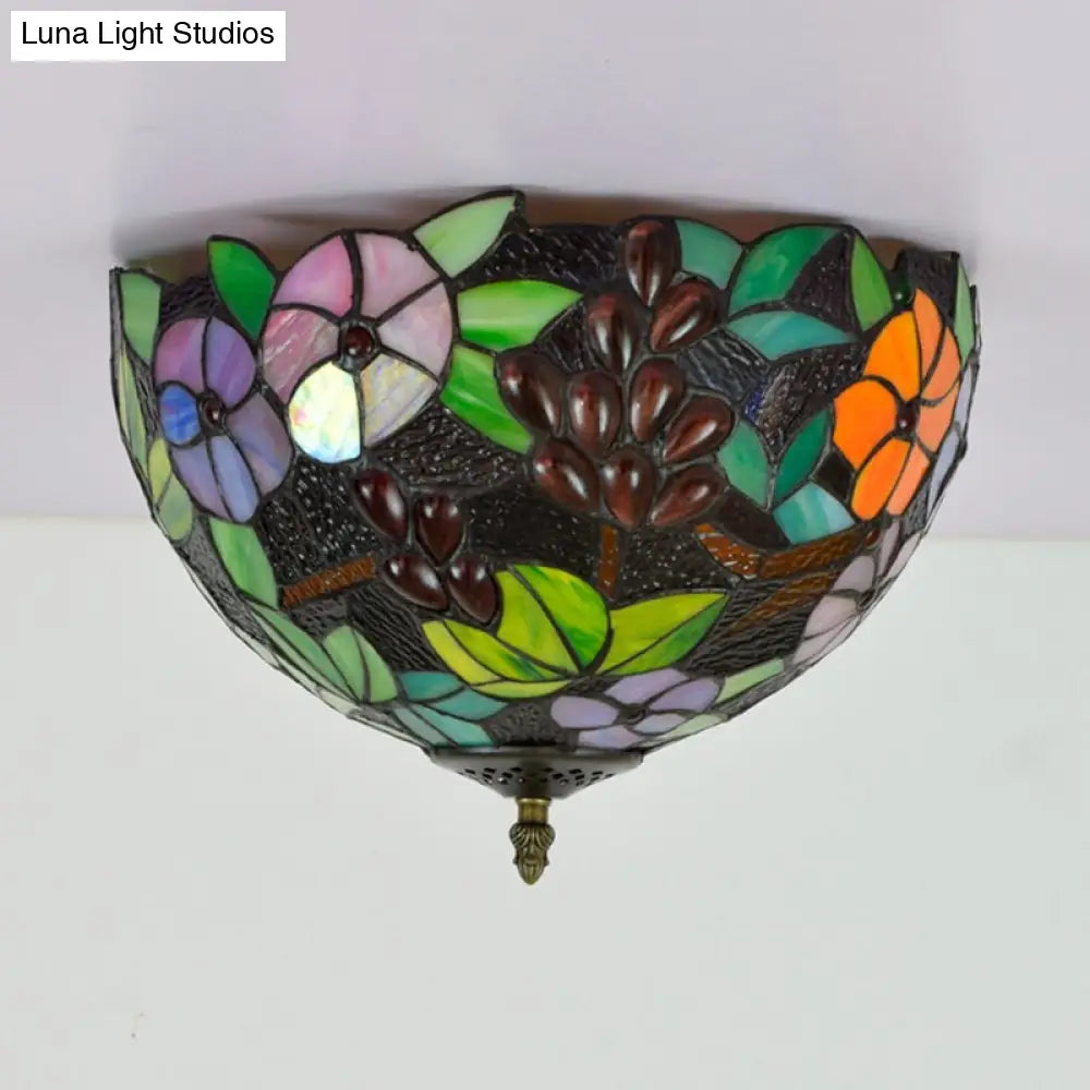 Flower Ceiling Lighting Tiffany Brass Flush Mount Light For Hallway - 2/3 Lights 12’/16’ Wide