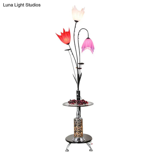 Flower Countryside Floor Lamp: Black Acrylic Tray 3-Light Design For Living Room