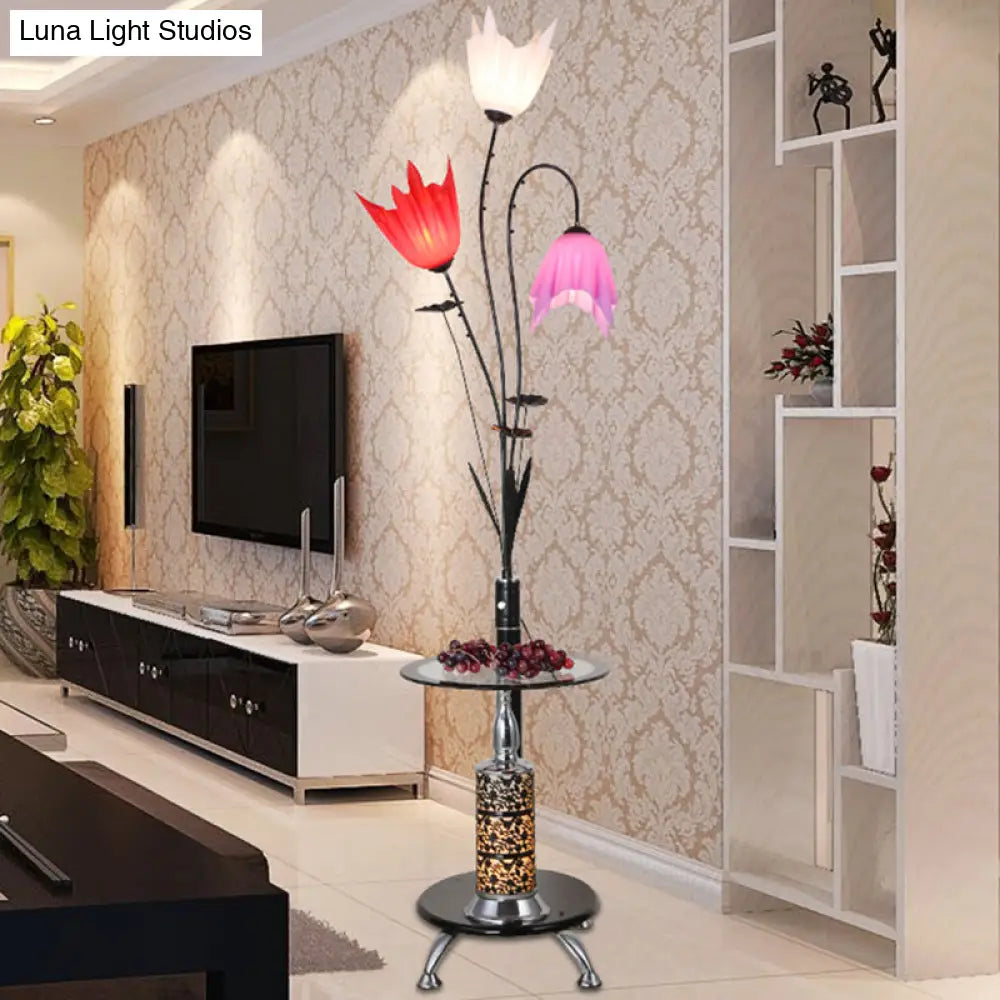 Flower Countryside Floor Lamp: Black Acrylic Tray 3-Light Design For Living Room