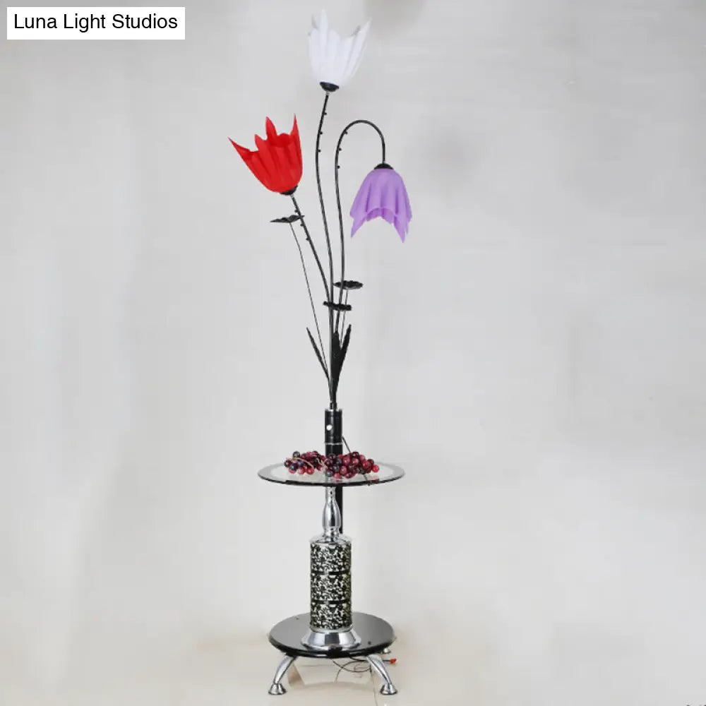 Flower Countryside Floor Lamp: Black Acrylic Tray 3-Light Design For Living Room