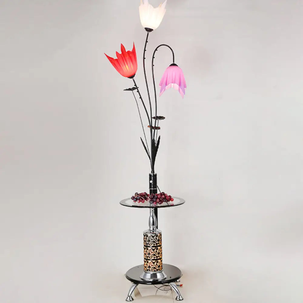 Flower Countryside Floor Lamp: Black Acrylic Tray 3-Light Design For Living Room