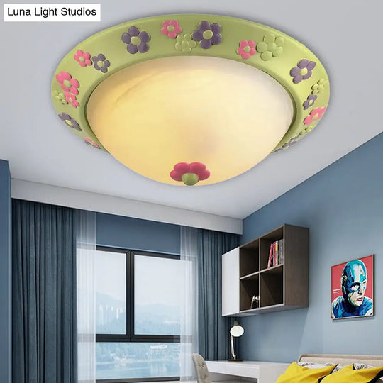 Flower Deco Glass Green Ceiling Lamp: Modern Flush Light For Kindergarten / Warm