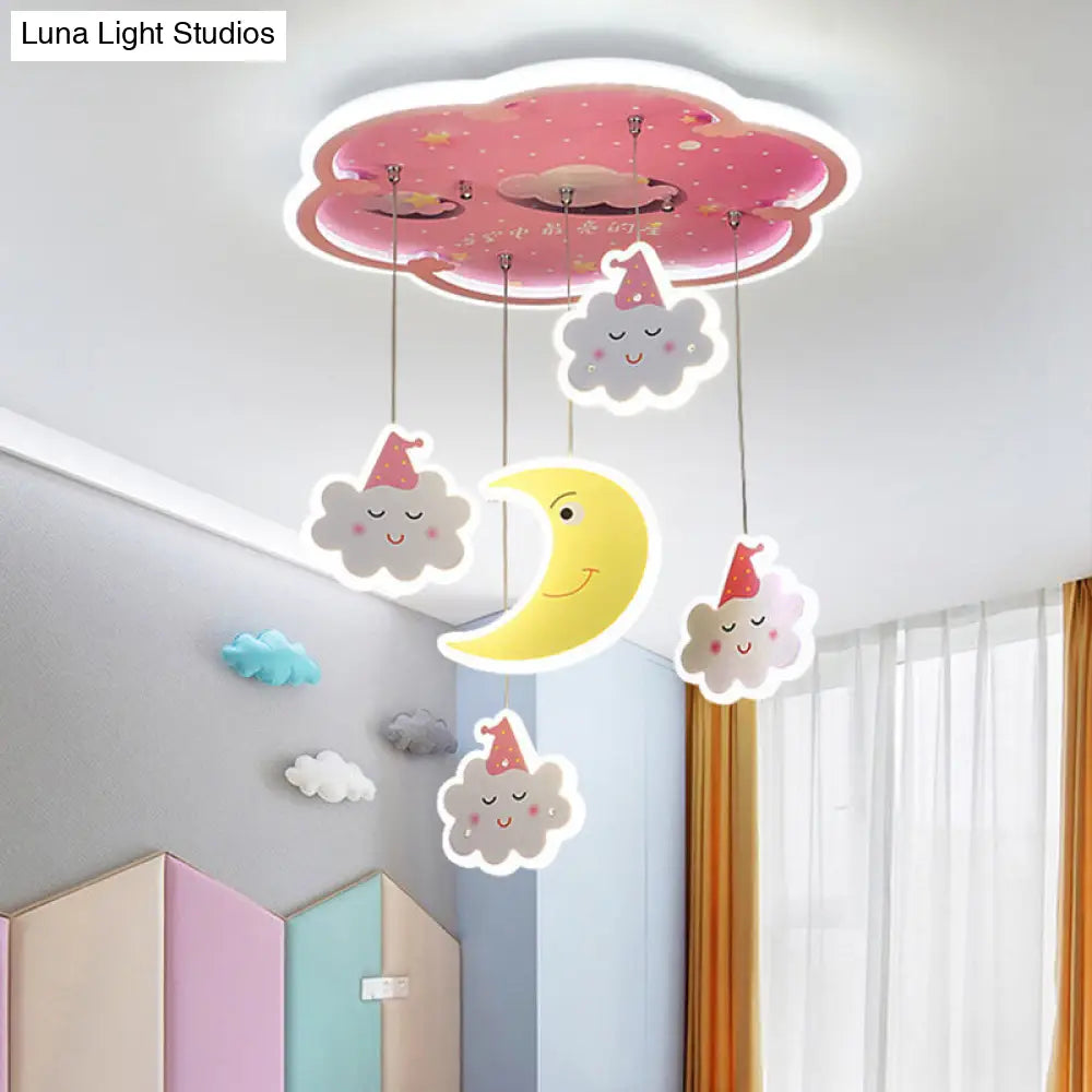 Flower Flushmount Led Ceiling Light With Sleeping Cloud And Moon - Pink Acrylic Cartoon Fixture