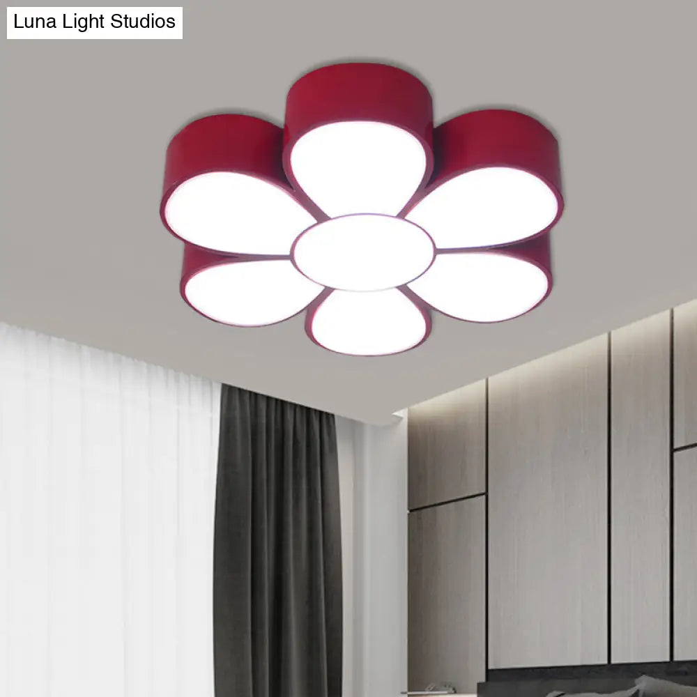 Flower-Shaped Kids Flush Ceiling Light Fixture In Vibrant Yellow/Green/Red With Acrylic Shade Red