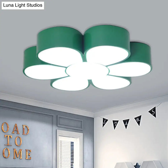 Flower-Shaped Kids Flush Ceiling Light Fixture In Vibrant Yellow/Green/Red With Acrylic Shade Green