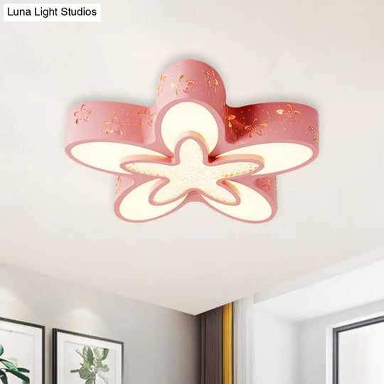 Flower-Shaped Led Cartoon Flush Ceiling Light For Kids Bedrooms In Pink/Blue