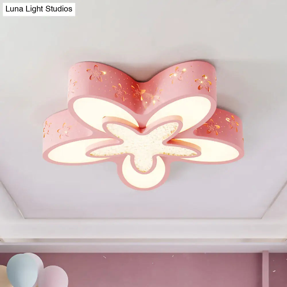 Flower-Shaped Led Cartoon Flush Ceiling Light For Kids Bedrooms In Pink/Blue Pink