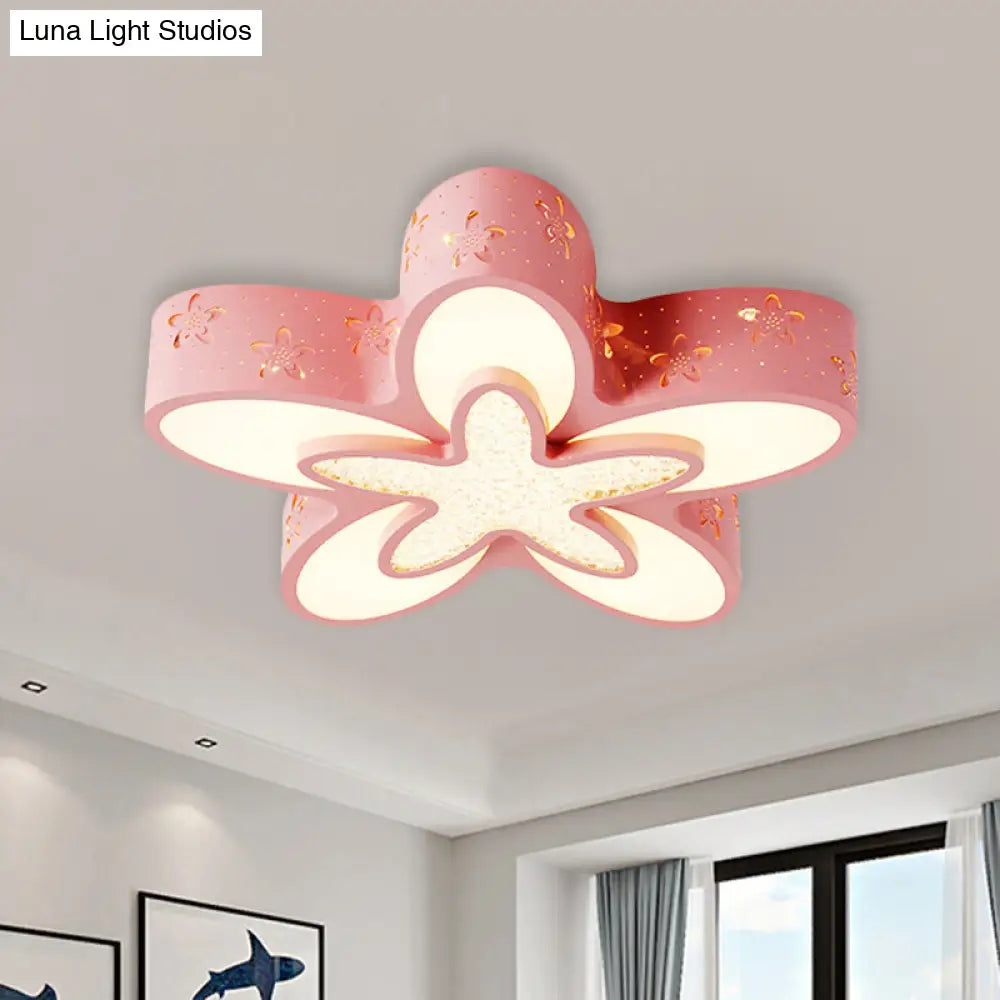 Flower-Shaped Led Cartoon Flush Ceiling Light For Kids Bedrooms In Pink/Blue
