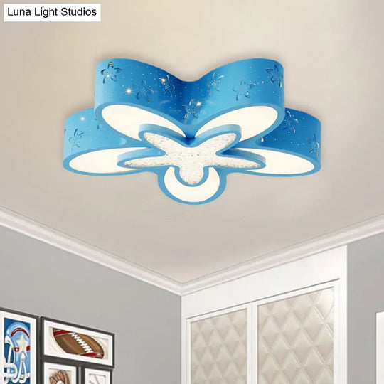 Flower-Shaped Led Cartoon Flush Ceiling Light For Kids Bedrooms In Pink/Blue Blue