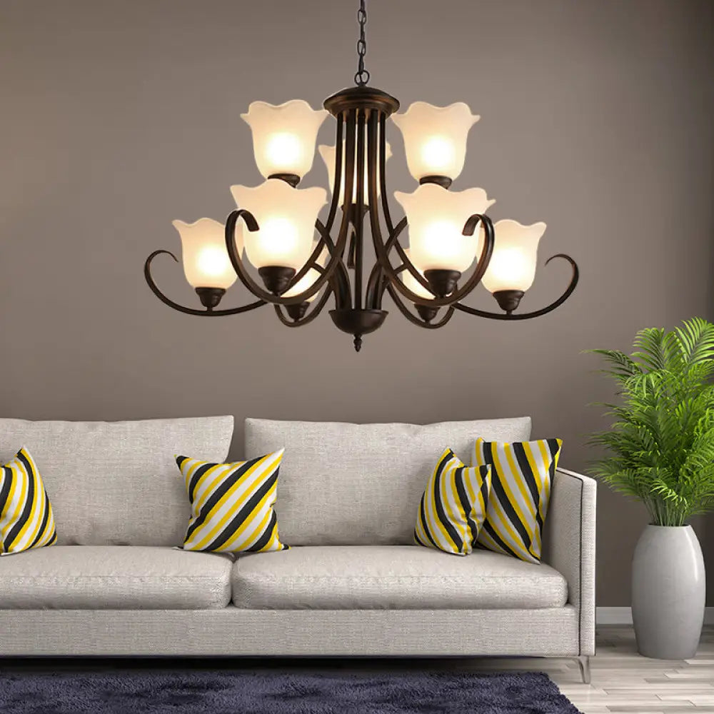 Flower-Shaped Opal Glass Pendant Lamp: Black 9-Light Classic Chandelier For Living Room