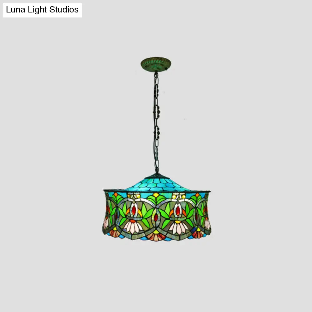 Flower Stained Glass Ceiling Light For Living Room With 3 Bulbs