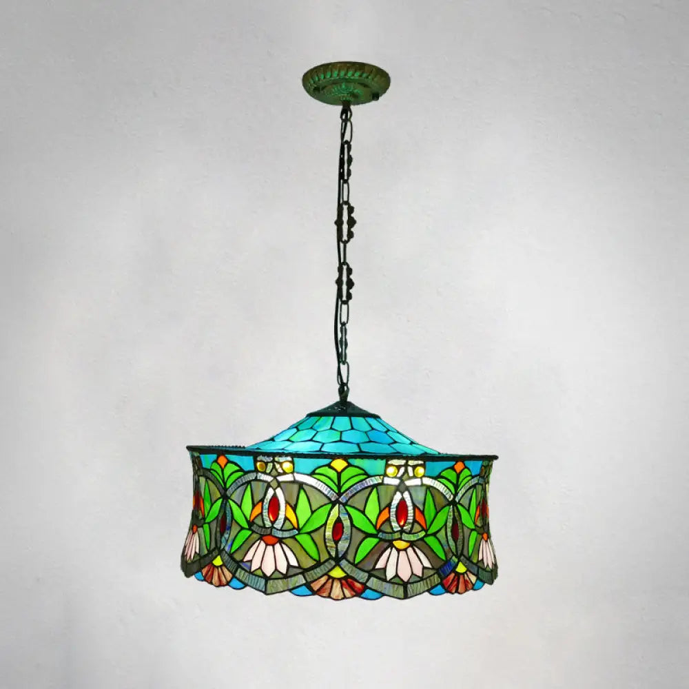 Flower Stained Glass Ceiling Light For Living Room With 3 Bulbs Peacock Blue
