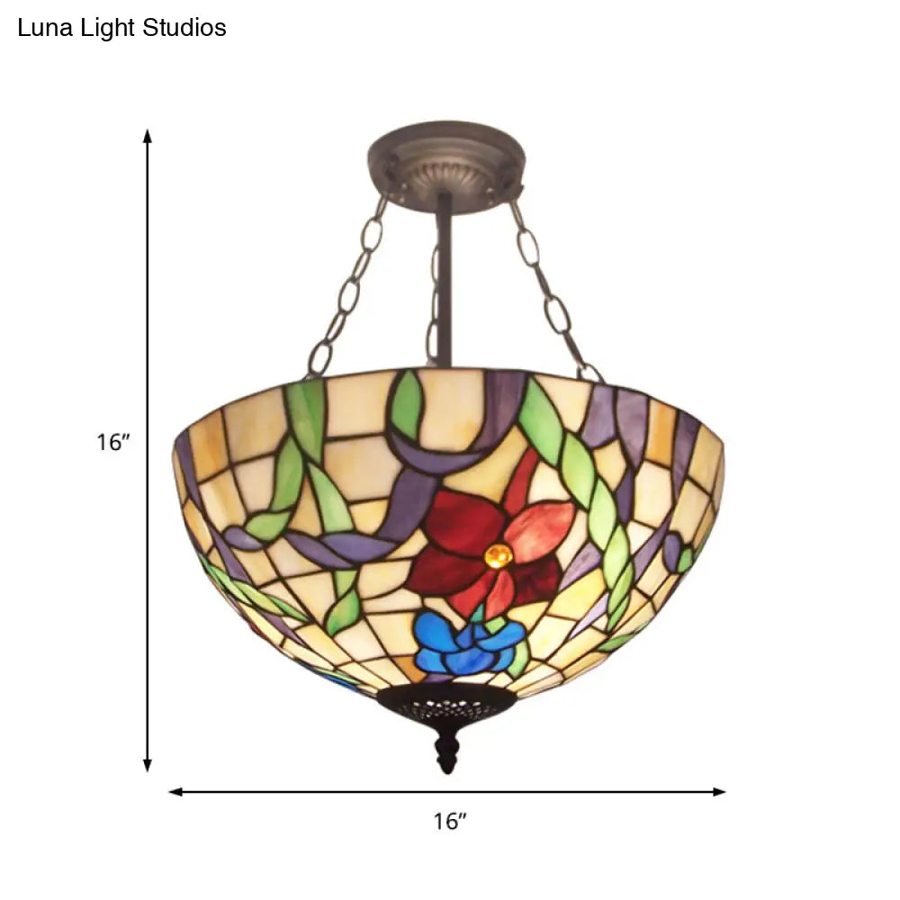 Flower Tiffany Rustic Stained Glass Chandelier - Bowl Inverted Suspension Light For Foyer