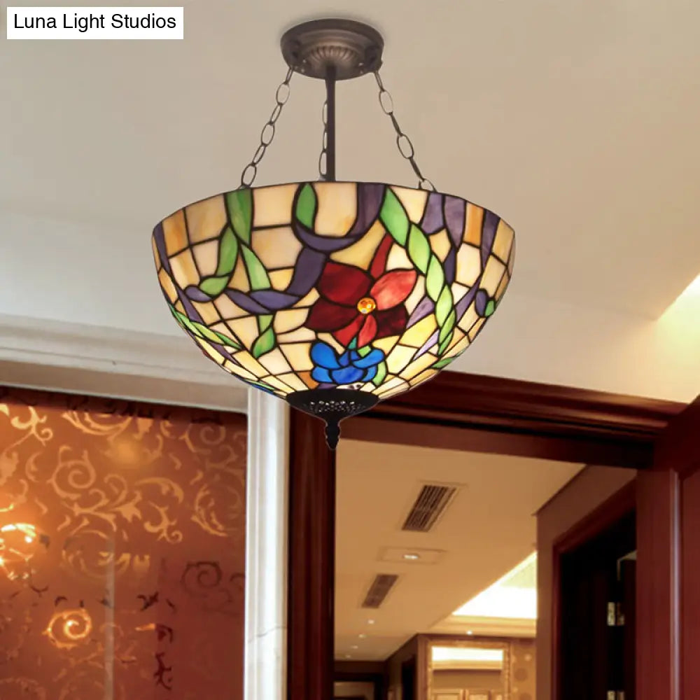 Flower Tiffany Rustic Stained Glass Chandelier - Bowl Inverted Suspension Light For Foyer