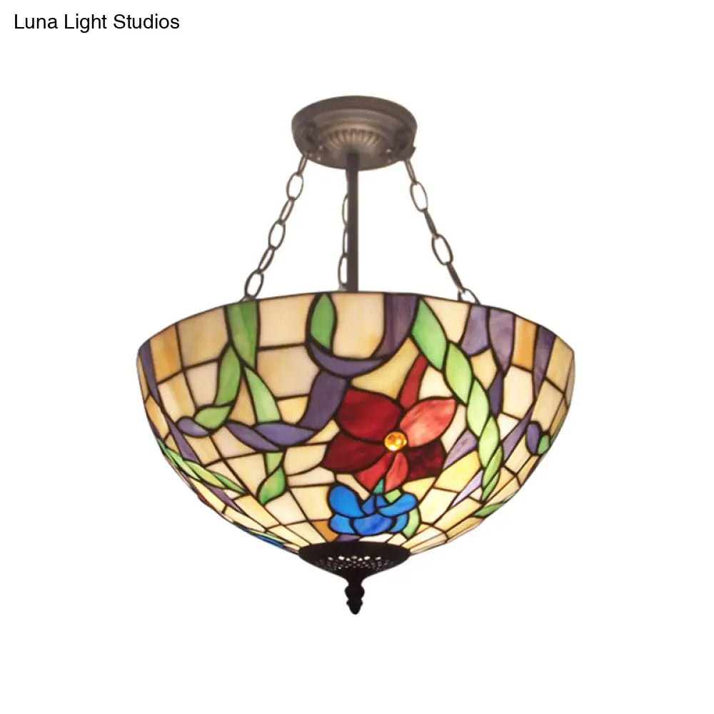 Flower Tiffany Rustic Stained Glass Chandelier For Foyer With Inverted Bowl Suspension Light