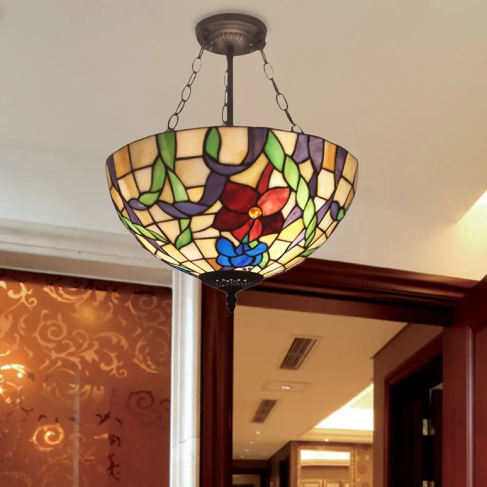 Flower Tiffany Rustic Stained Glass Chandelier For Foyer With Inverted Bowl Suspension Light
