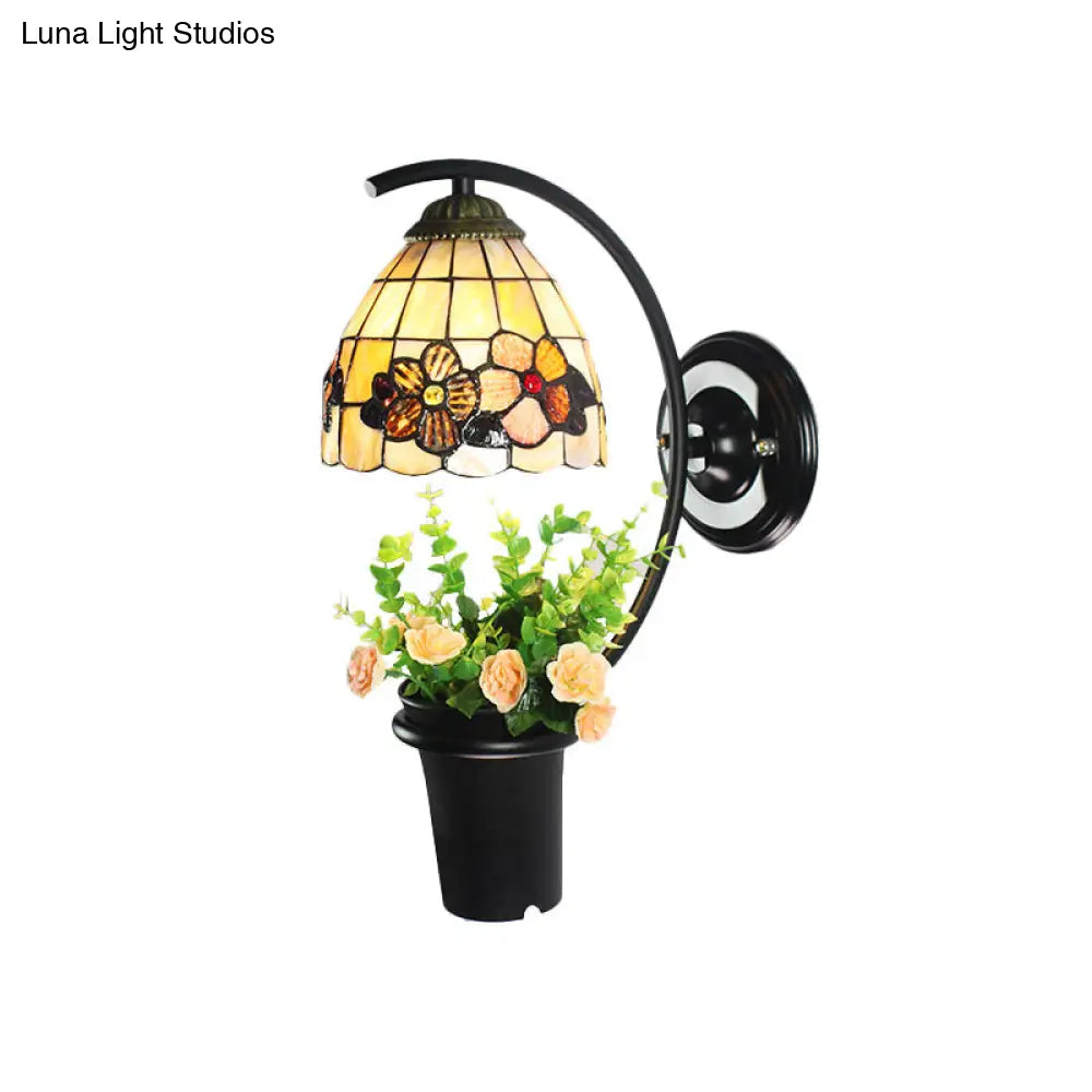 Flower-Trimmed Tiffany Wall Sconce With Beige Glass Dome And Black Mount