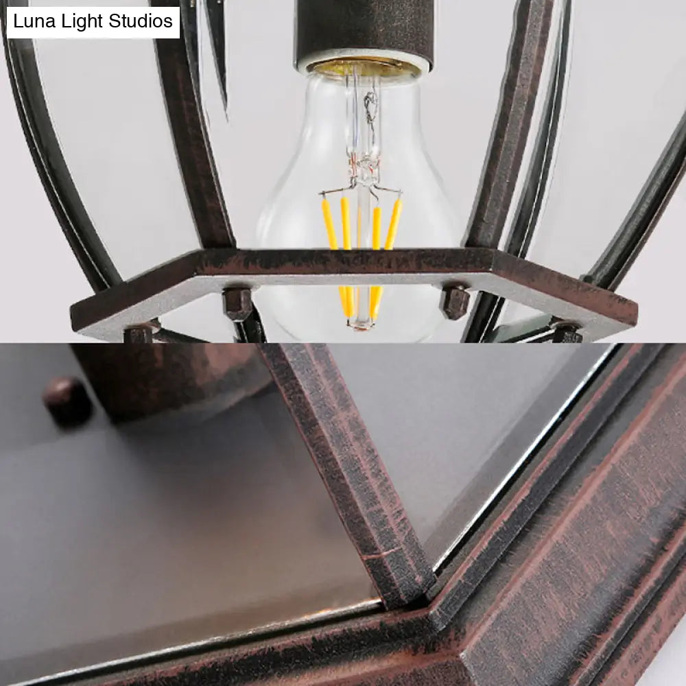 Flush Mount Cage Light Fixture In Rust With Clear Glass For Balcony - Traditional Style