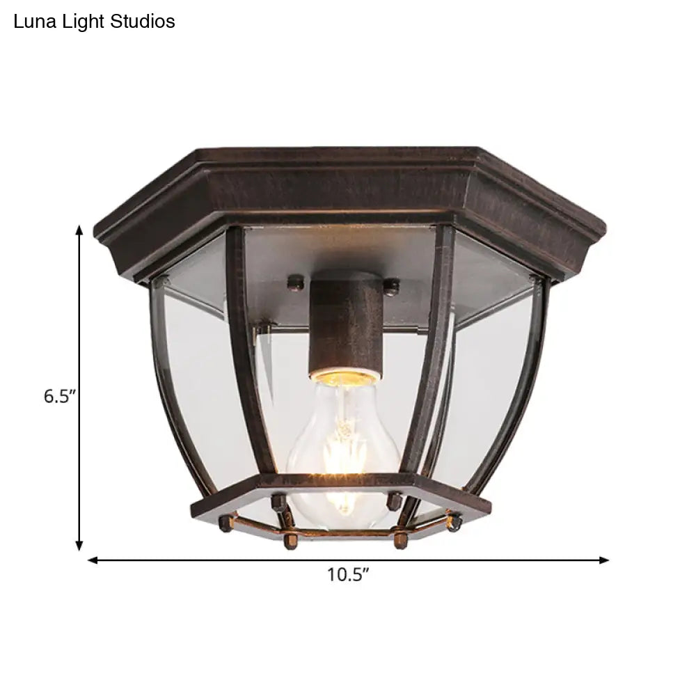Flush Mount Cage Light Fixture In Rust With Clear Glass For Balcony - Traditional Style