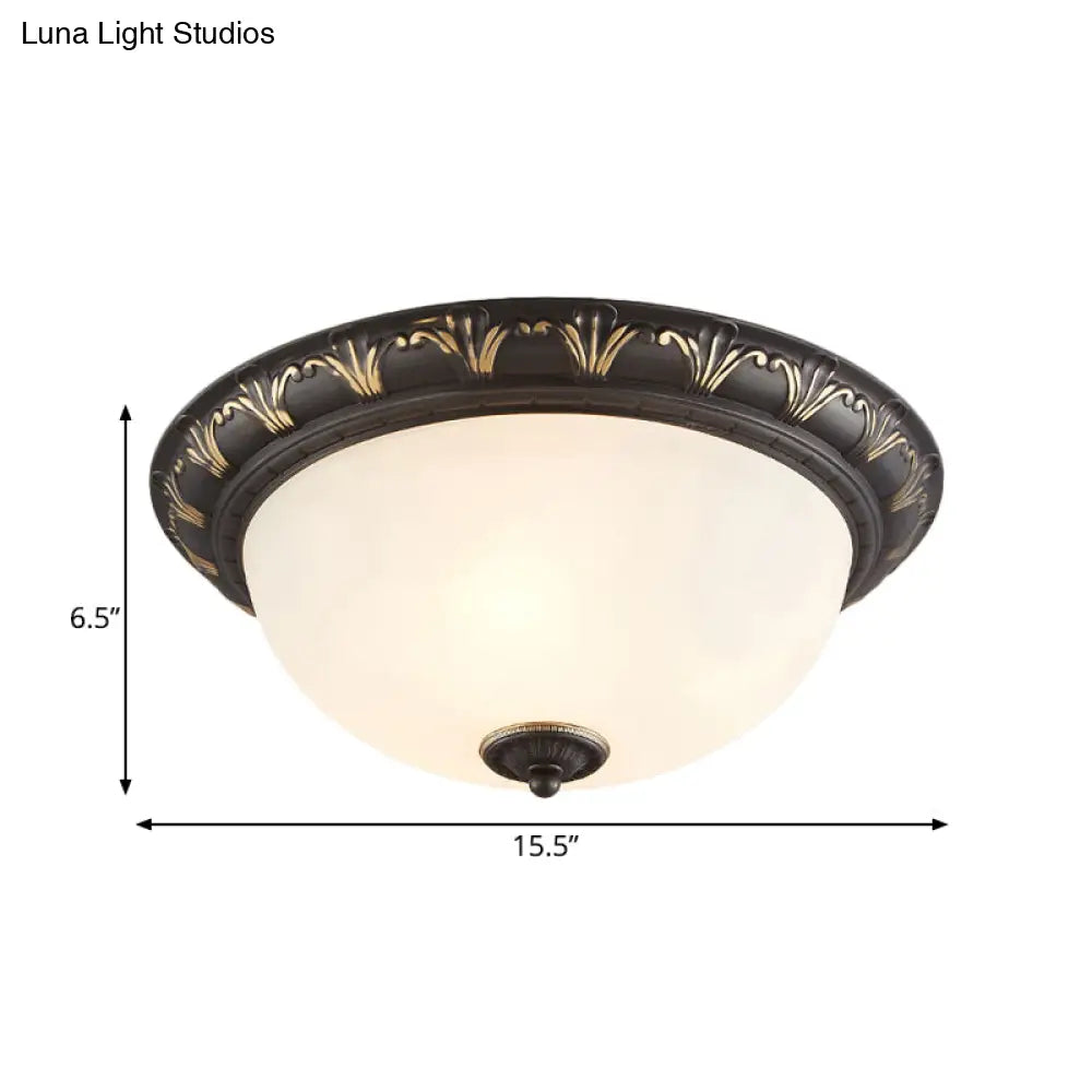 Flush Mount Ceiling Light Fixture With White Glass Dome For Bedroom - 2/3 Heads Black 12/15.5 W