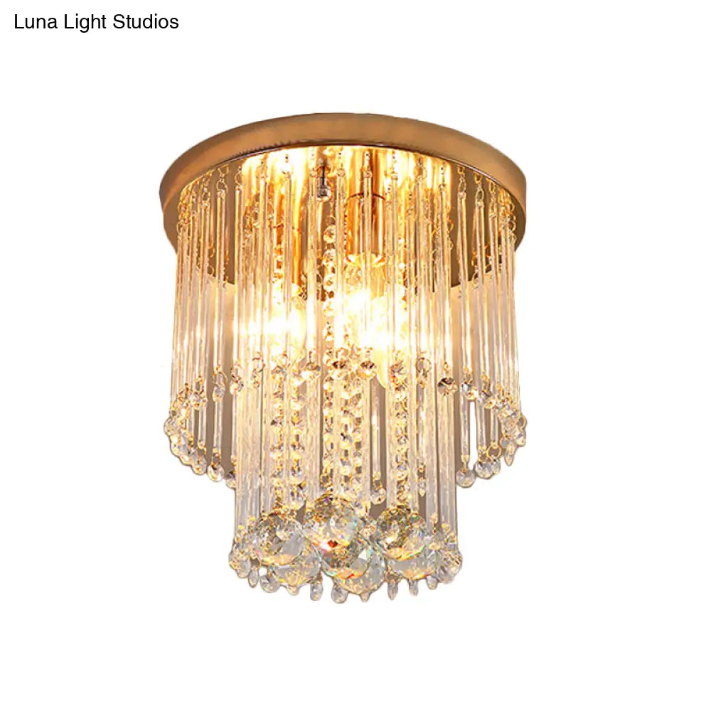 Flush Mount Clear Crystal Ceiling Light Fixture In Gold - Double Layered Cylinder Design With 2