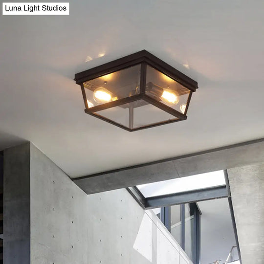 Flush Mount Farmhouse Ceiling Light With 2 Bulbs - Black Cube Design And Clear Glass Ideal For