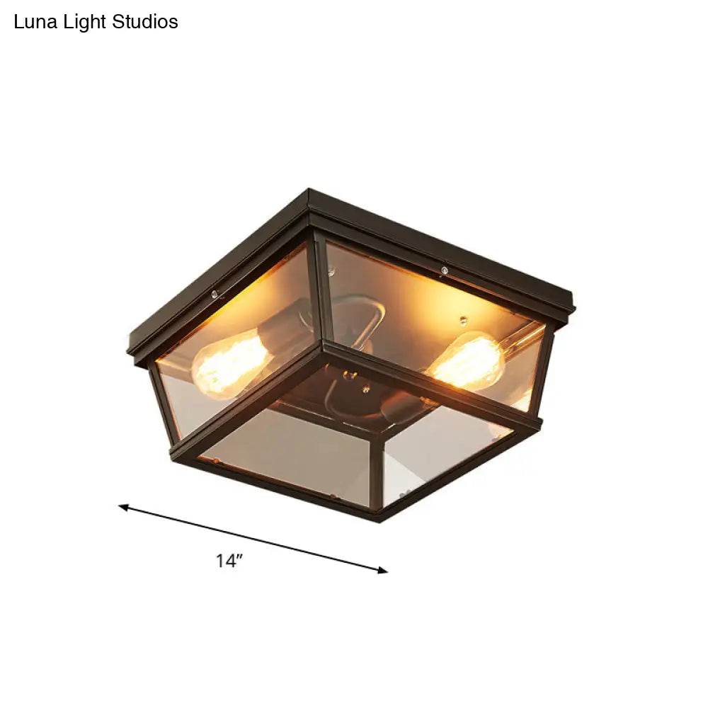 Flush Mount Farmhouse Ceiling Light With 2 Bulbs - Black Cube Design And Clear Glass Ideal For