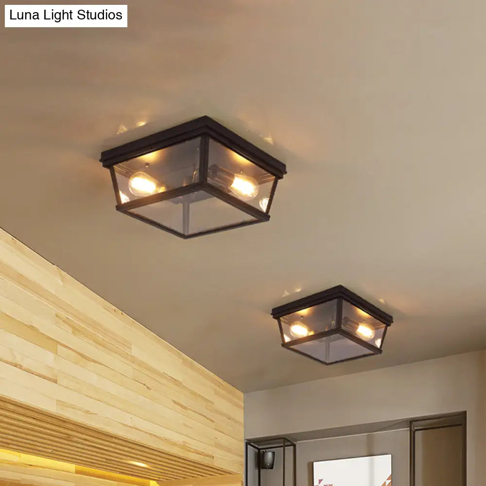 Flush Mount Farmhouse Ceiling Light With 2 Bulbs - Black Cube Design And Clear Glass Ideal For