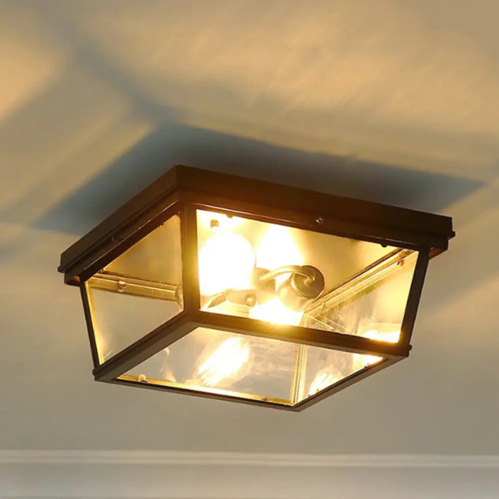 Flush Mount Farmhouse Ceiling Light With 2 Bulbs - Black Cube Design And Clear Glass Ideal For