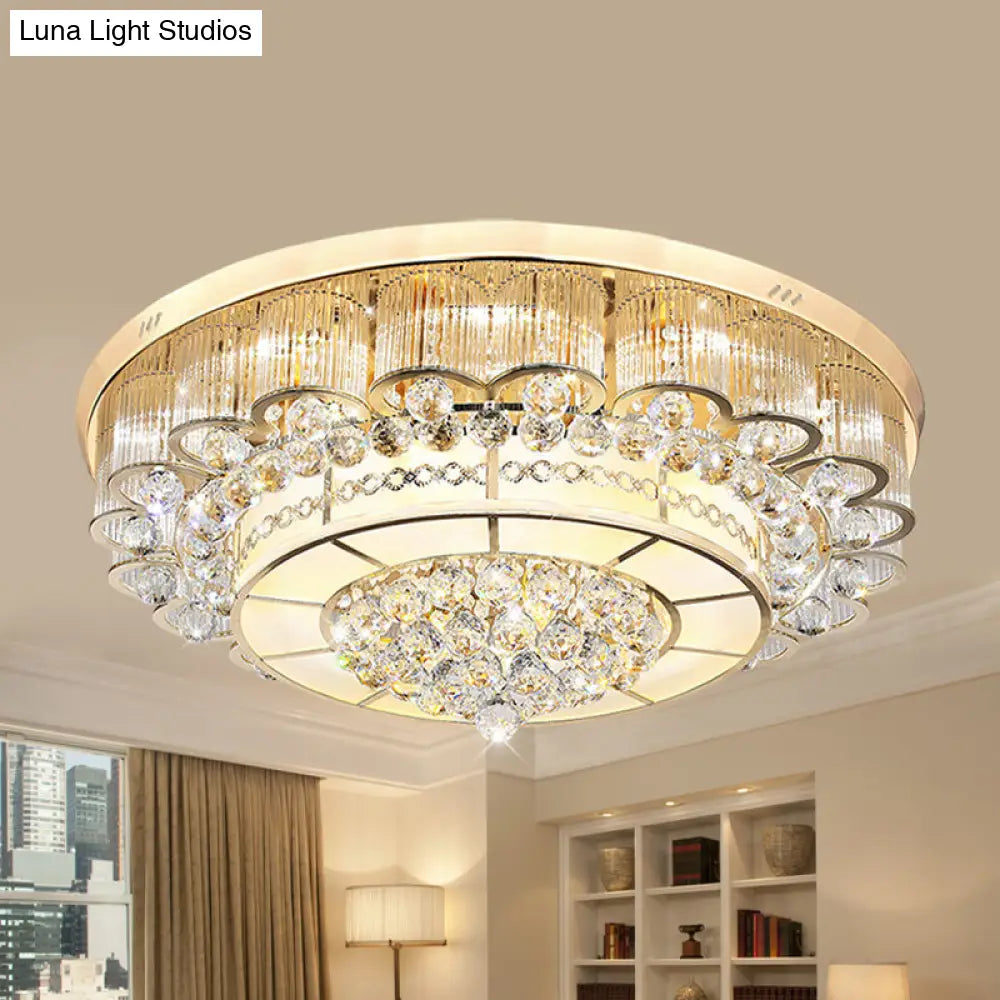 Flush Mount Led Crystal Ball Ceiling Lamp In Chrome - Modern Tiered Design For Living Room (24/32 W)