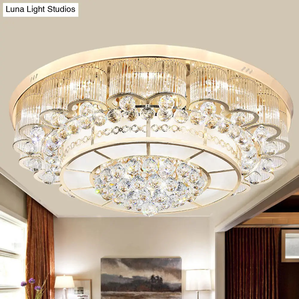 Flush Mount Led Crystal Ball Ceiling Lamp In Chrome - Modern Tiered Design For Living Room (24/32 W)