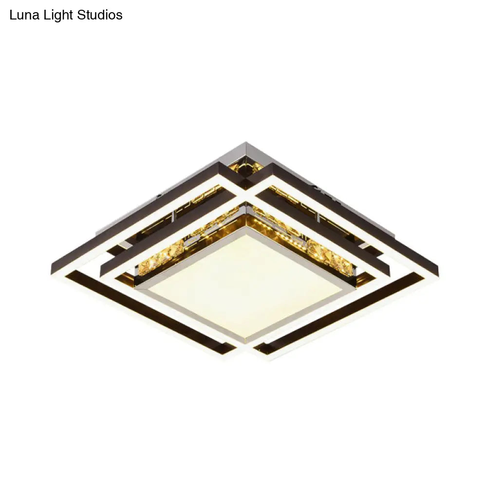 Flush Mounted Crystal Led Bedroom Ceiling Light In Nickel With Square Beveled Design