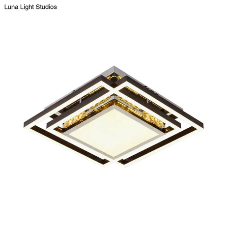 Flush Mounted Crystal Led Bedroom Ceiling Light In Nickel With Square Beveled Design