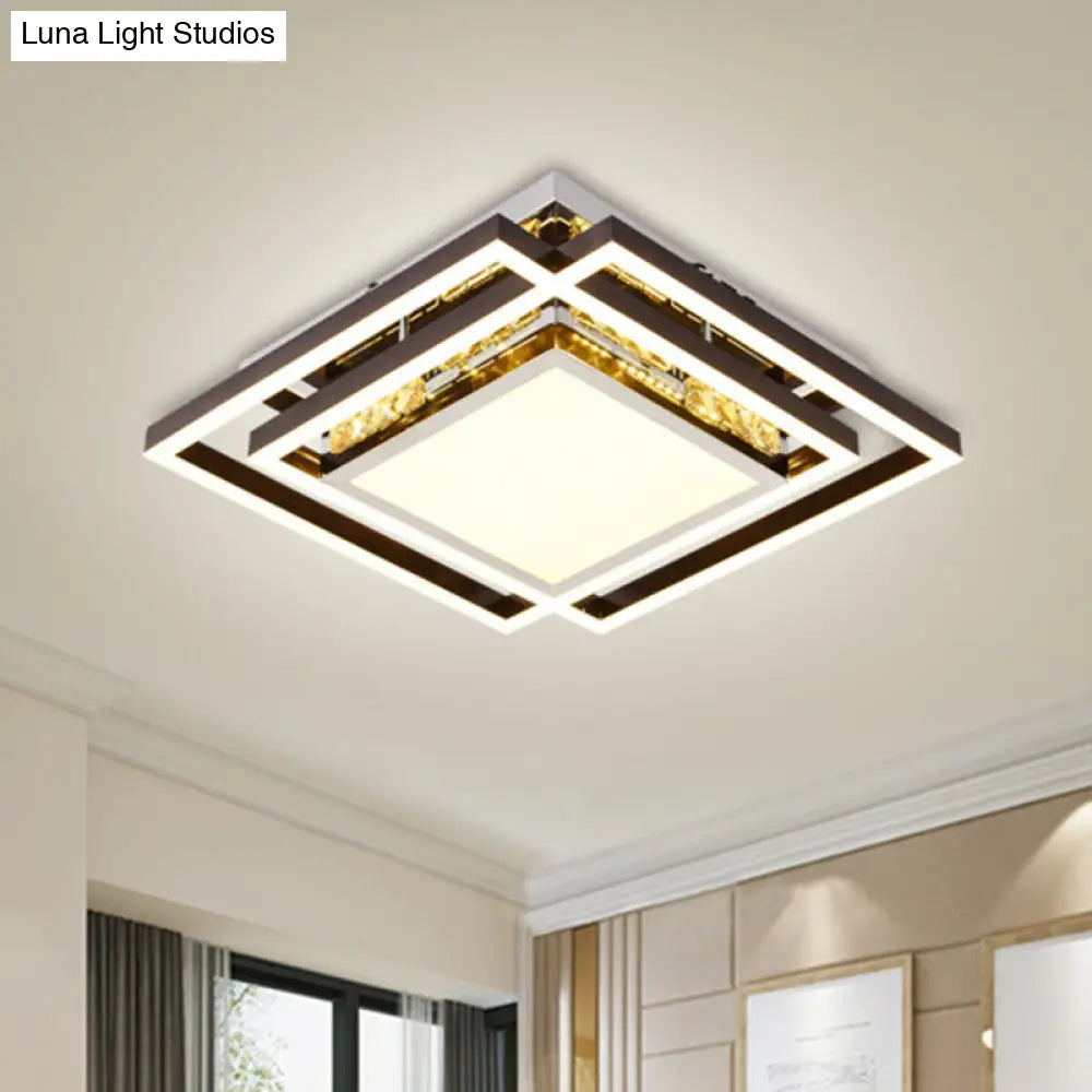 Flush Mounted Crystal Led Bedroom Ceiling Light In Nickel With Square Beveled Design