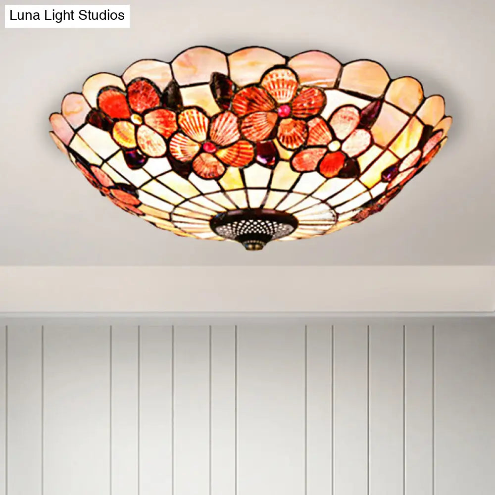 Flushmount Tiffany Shell Ceiling Light Fixture With Peony Pattern Pink 3/4 Bulbs Various Sizes