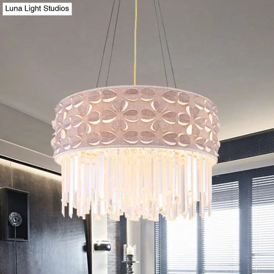 Minimal White Crystal Drum Chandelier - 4-Head Dining Room Pendant Lamp