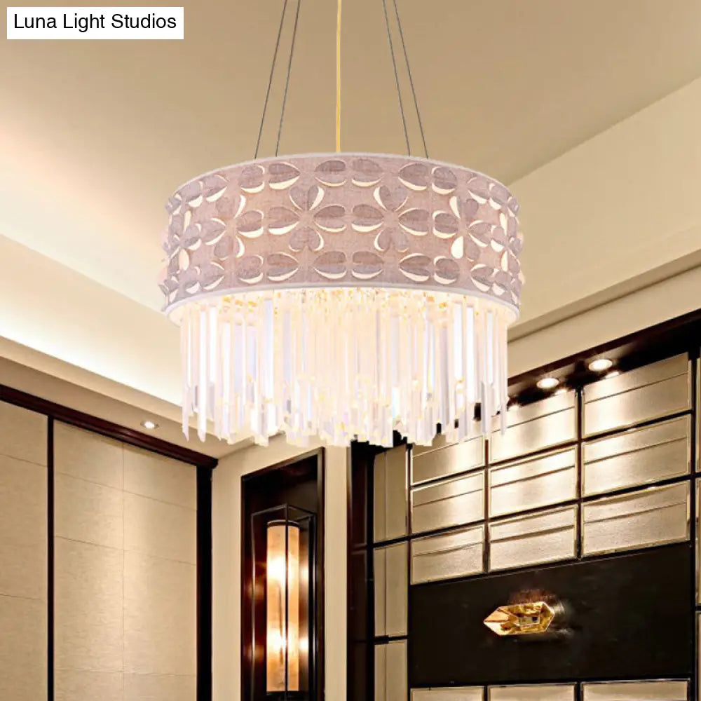 Minimal White Crystal Drum Chandelier - 4-Head Dining Room Pendant Lamp