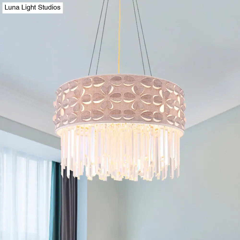 Minimal White Crystal Drum Chandelier - 4-Head Dining Room Pendant Lamp