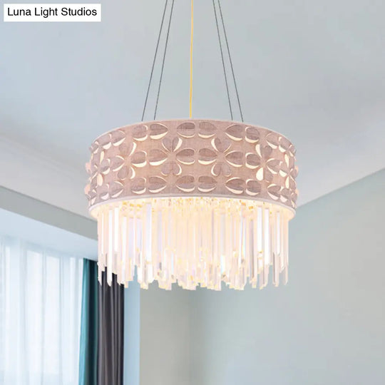 Flute Crystal Drum Chandelier: Minimalist White Pendant Lamp 4 Heads For Dining Room