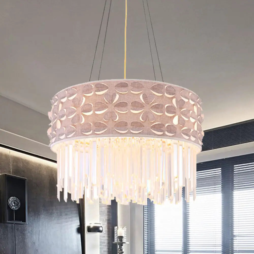 Flute Crystal Drum Chandelier: Minimalist White Pendant Lamp 4 Heads For Dining Room