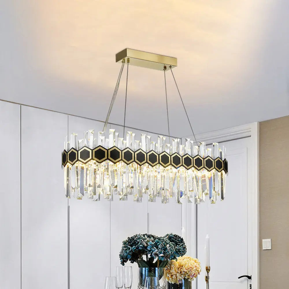 Fluted Crystal Island Lamp: Mid-Century Led Pendant Light In Black-Gold For Dining Room