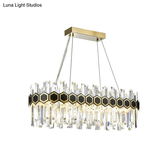 Fluted Crystal Island Lamp: Mid-Century Led Pendant Light In Black-Gold For Dining Room