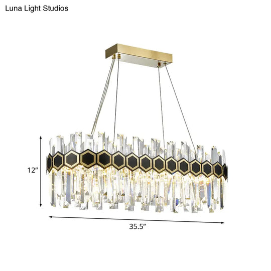 Fluted Crystal Island Lamp: Mid-Century Led Pendant Light In Black-Gold For Dining Room