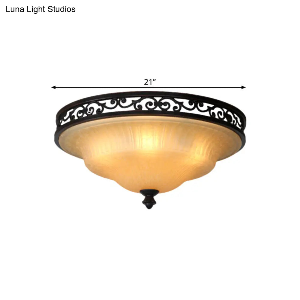 Fluted Glass Led Ceiling Light With Black Cover Lid Traditional Style For Dining Hall -