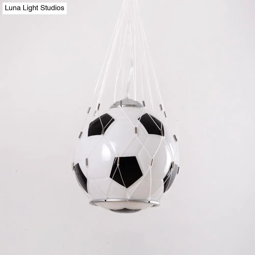 Football Cartoon Kids Room Pendant Lamp: White Glass Black Mesh