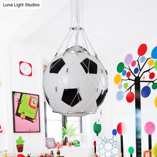 Football Cartoon Kids Room Pendant Lamp: White Glass Black Mesh