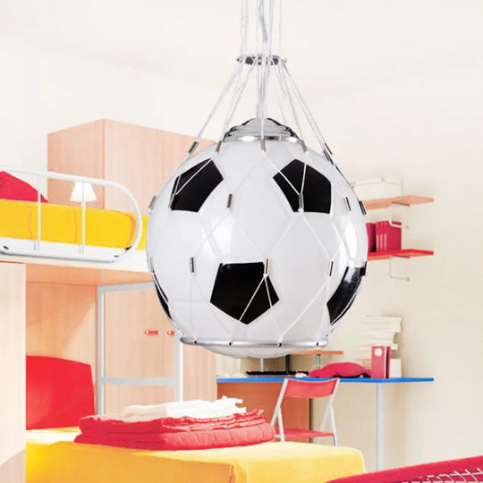 Football Cartoon Kids Room Pendant Lamp: White Glass Black Mesh