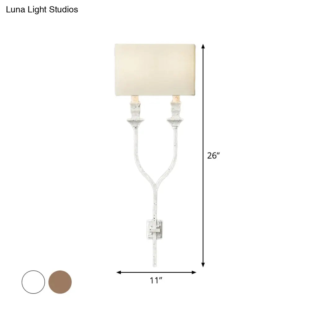 Fork Shape Wall Sconce Countryside Metal Light Fixture - 2-Bulb White/Rust Finish With Fabric