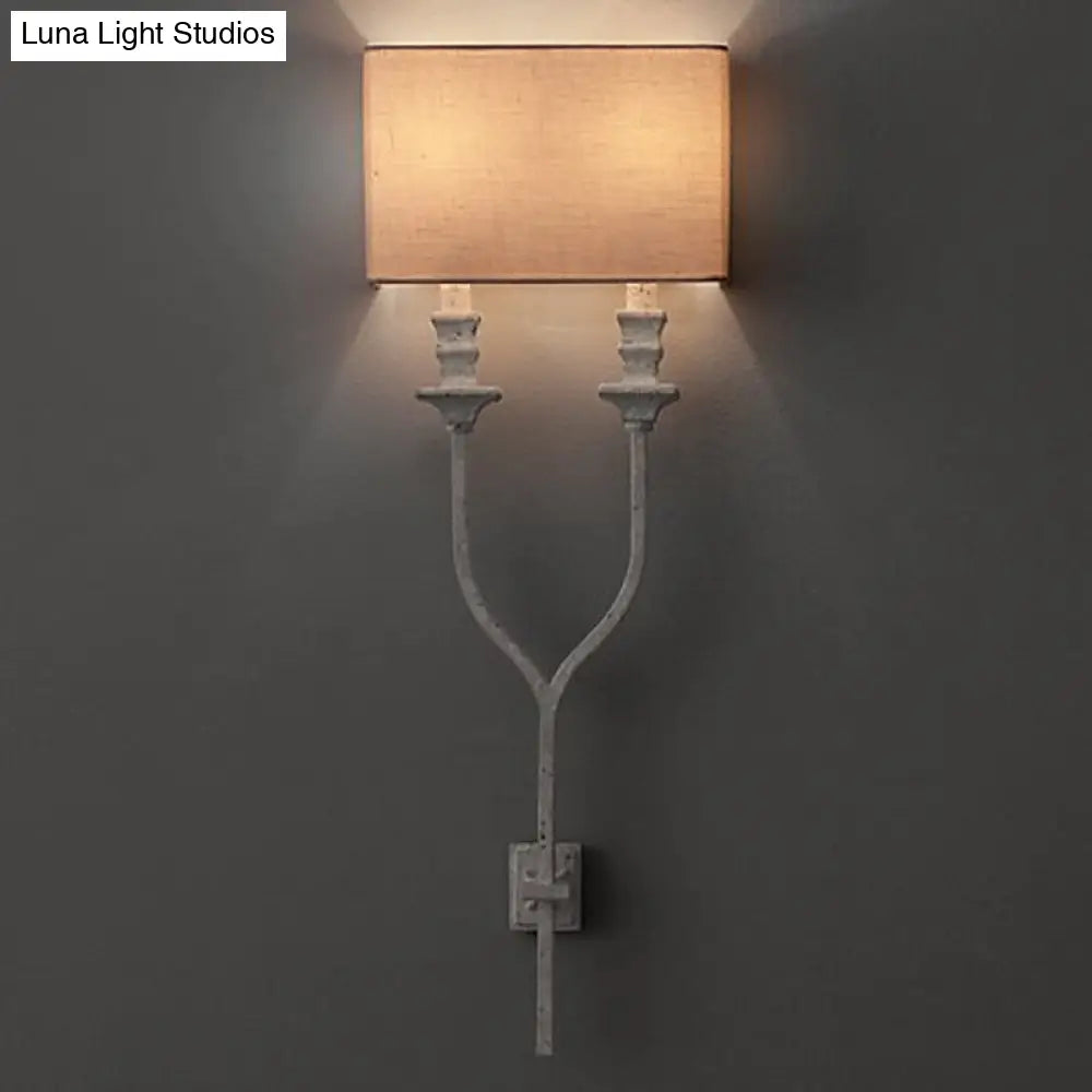 Fork Shape Wall Sconce Countryside Metal Light Fixture - 2-Bulb White/Rust Finish With Fabric